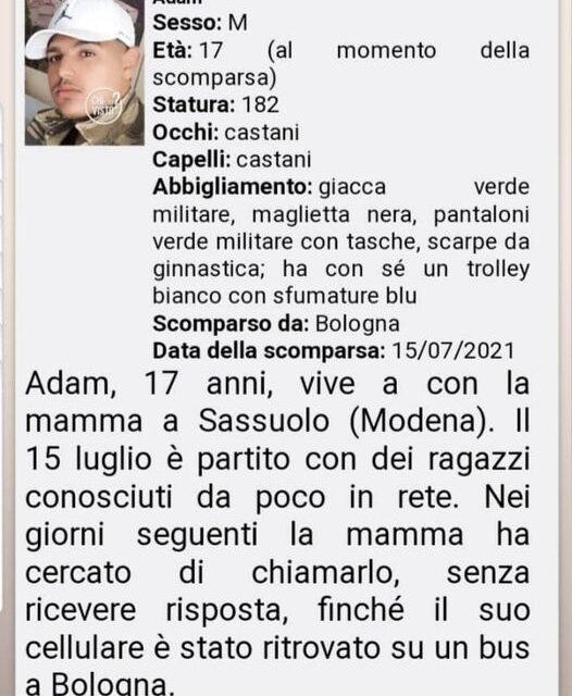 Scomparso un ragazzo minorenne…           SOS           SOS         SOS