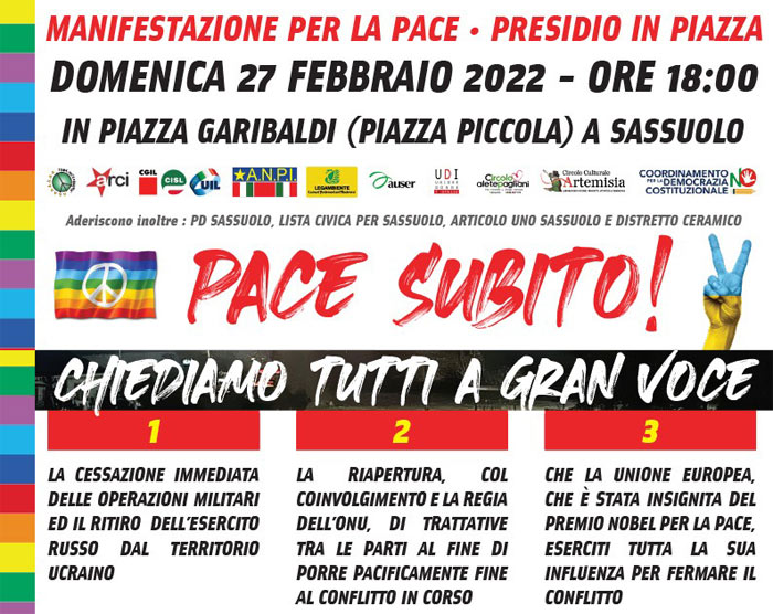 PACE SUBITO: manifestazione domenica 27 febbraio ore 18 nel cuore municipale