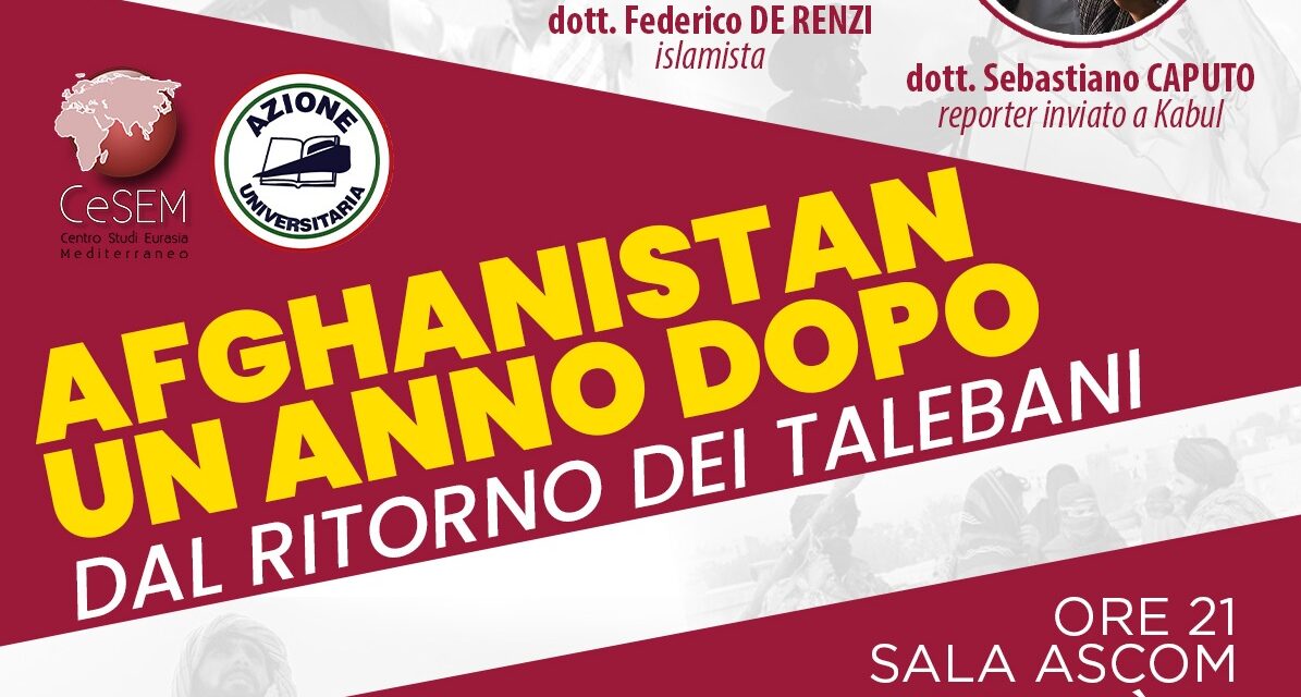 Giovedì 24 novembre alle ore 21 a MODENA presso la sala Ascom in via Piave 125, incontro dal titolo: “Afghanistan un anno dopo dal ritorno dei Talebani”.