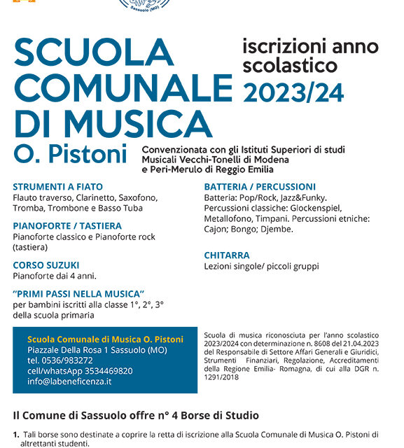 Quattro borse di studio per la Scuola di Musica O.Pistoni