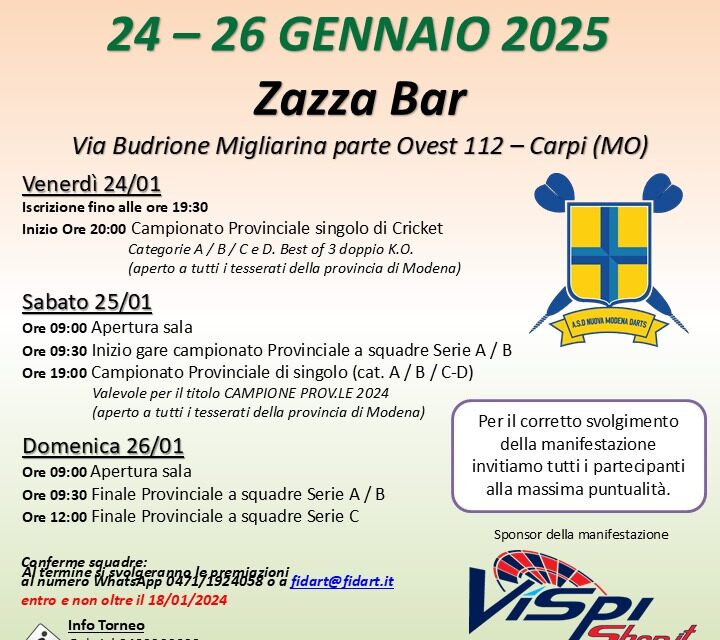 Finali Provinciali di Freccette di Modena – Dal 24 al 26 gennaio 2025